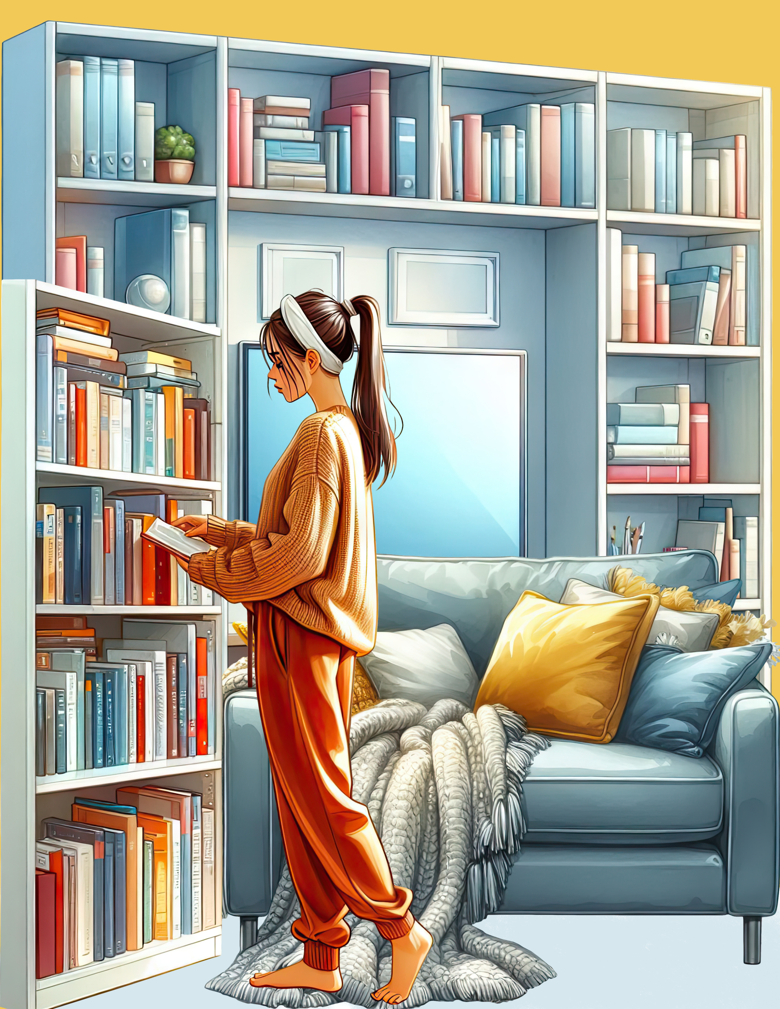 Welcome to the world of  a booked weekend where we choose relaxed reading of a book in a cozy living room with bookshelves and the sofa.